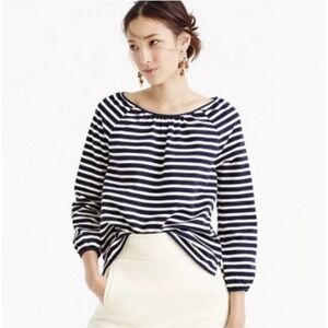 J. Crew Striped Peasant Navy Blue White Top‎ Size S Preppy Nautical Coastal